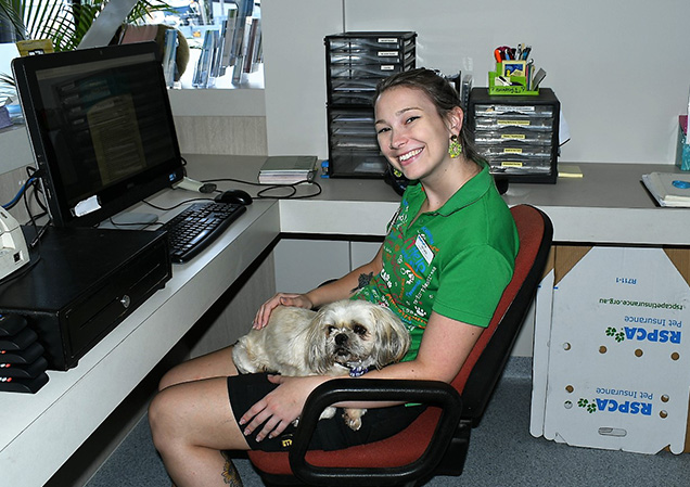 Terrier with RSPCA staff in office